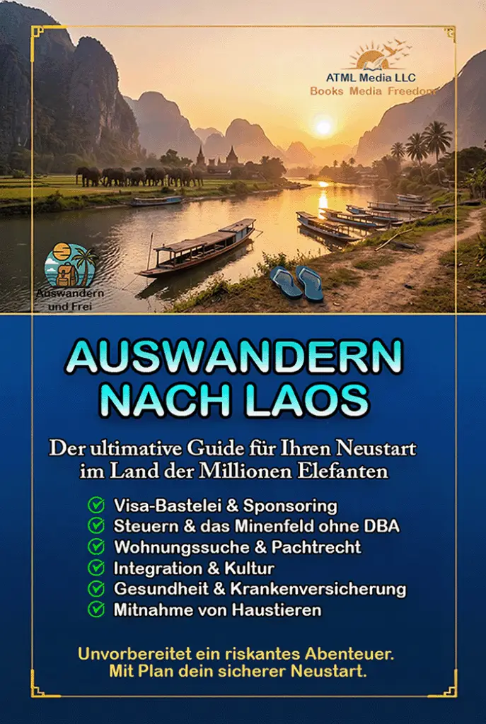 Zweigeteiltes E-Book-Cover für "Auswandern nach Laos". Die obere Hälfte zeigt eine malerische Flusslandschaft in Laos bei Sonnenuntergang mit Karstbergen, einer Elefantenherde, traditionellen Booten und blauen Flip-Flops im Vordergrund. Die untere, dunkelblaue Hälfte zeigt den Titel "Der ultimative Guide für Ihren Neustart im Land der Millionen Elefanten" sowie eine Checkliste mit Kernthemen: Visa-Bastelei & Sponsoring, Steuern & das Minenfeld ohne DBA, Wohnungssuche & Pachtrecht, Integration & Kultur, Gesundheit & Krankenversicherung sowie Mitnahme von Haustieren. Die Logos von Auswandern und Frei und ATML Media LLC sind ebenfalls eingebunden.