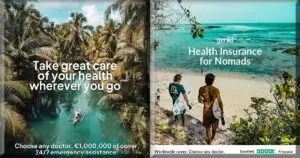 Zweigeteiltes Werbebanner der Genki Krankenversicherung für Digitale Nomaden mit einem Dschungel-Motiv und Surfern am Strand.