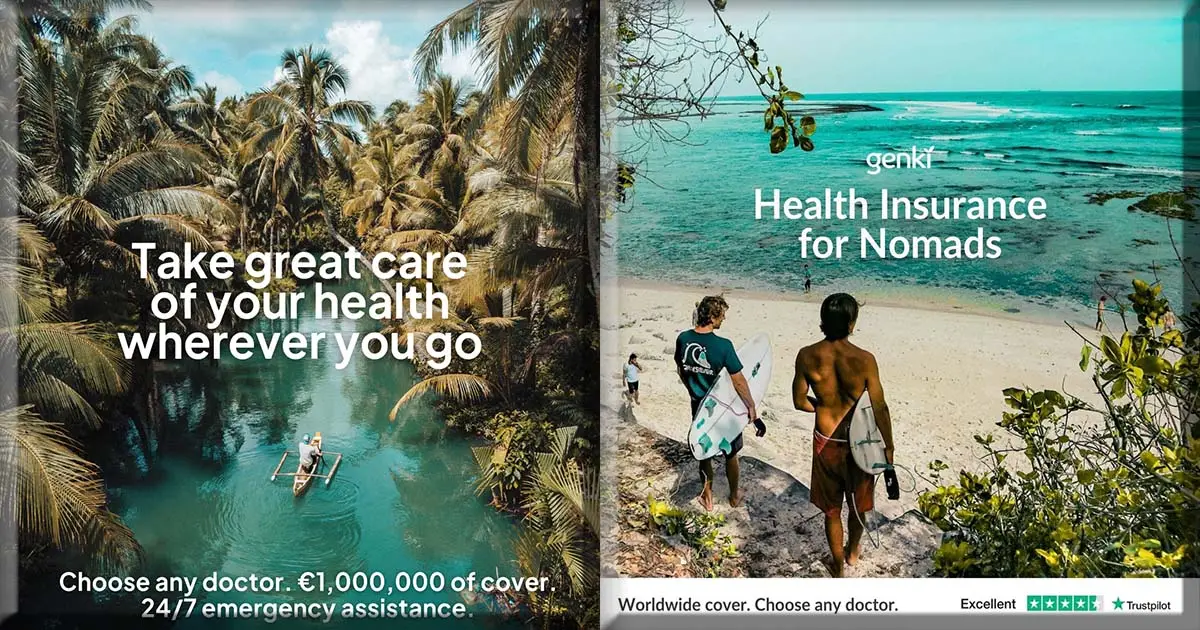Zweigeteiltes Werbebanner der Genki Krankenversicherung für Digitale Nomaden mit einem Dschungel-Motiv und Surfern am Strand.