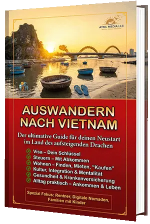 3D-Buchcover des Ratgebers "Auswandern nach Vietnam" mit der Drachenbrücke in Da Nang und Korbbooten am Strand.