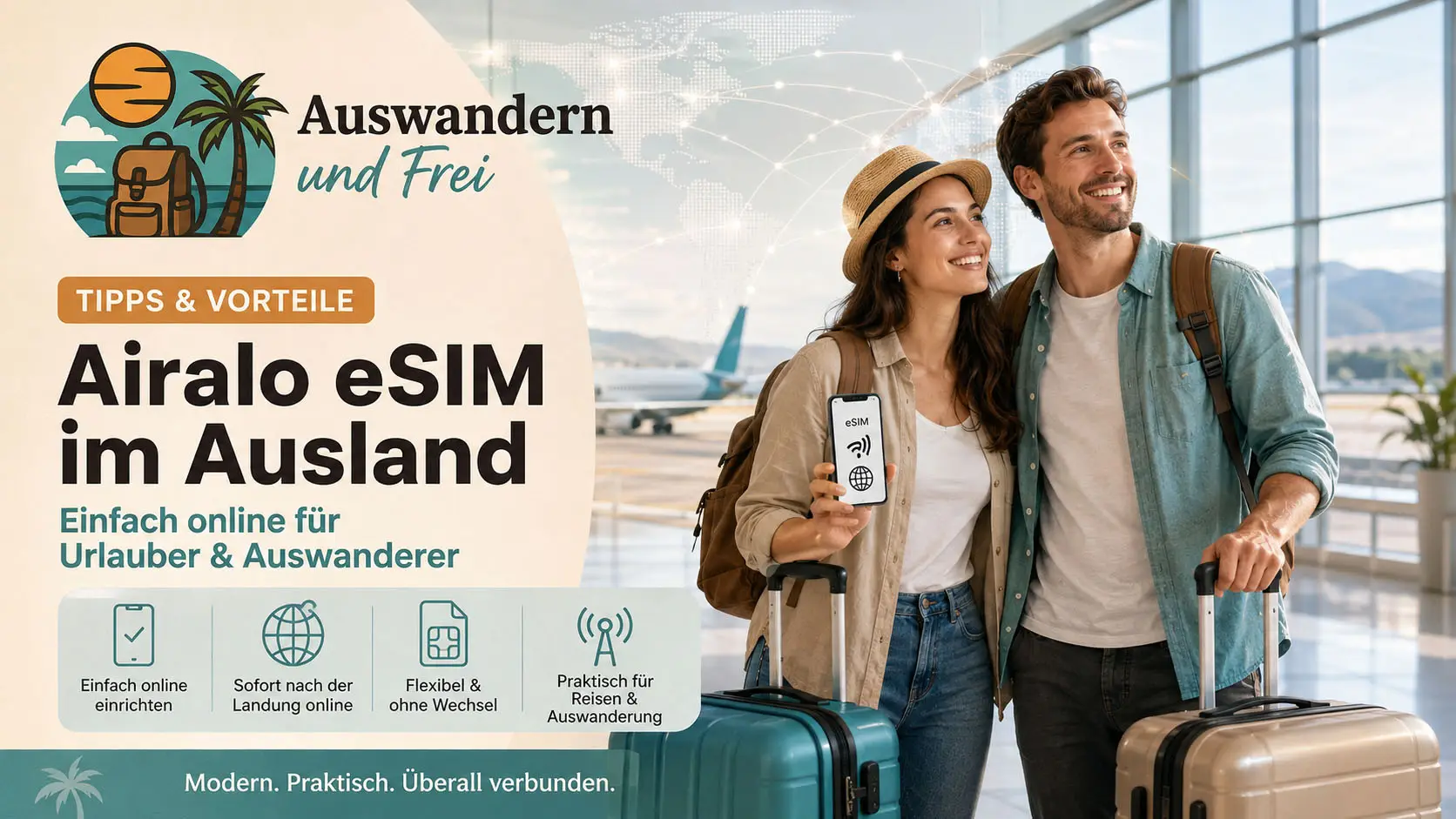 Reisendes Paar am Flughafen mit Smartphone und Gepäck – Airalo eSIM im Ausland für Urlauber und Auswanderer
