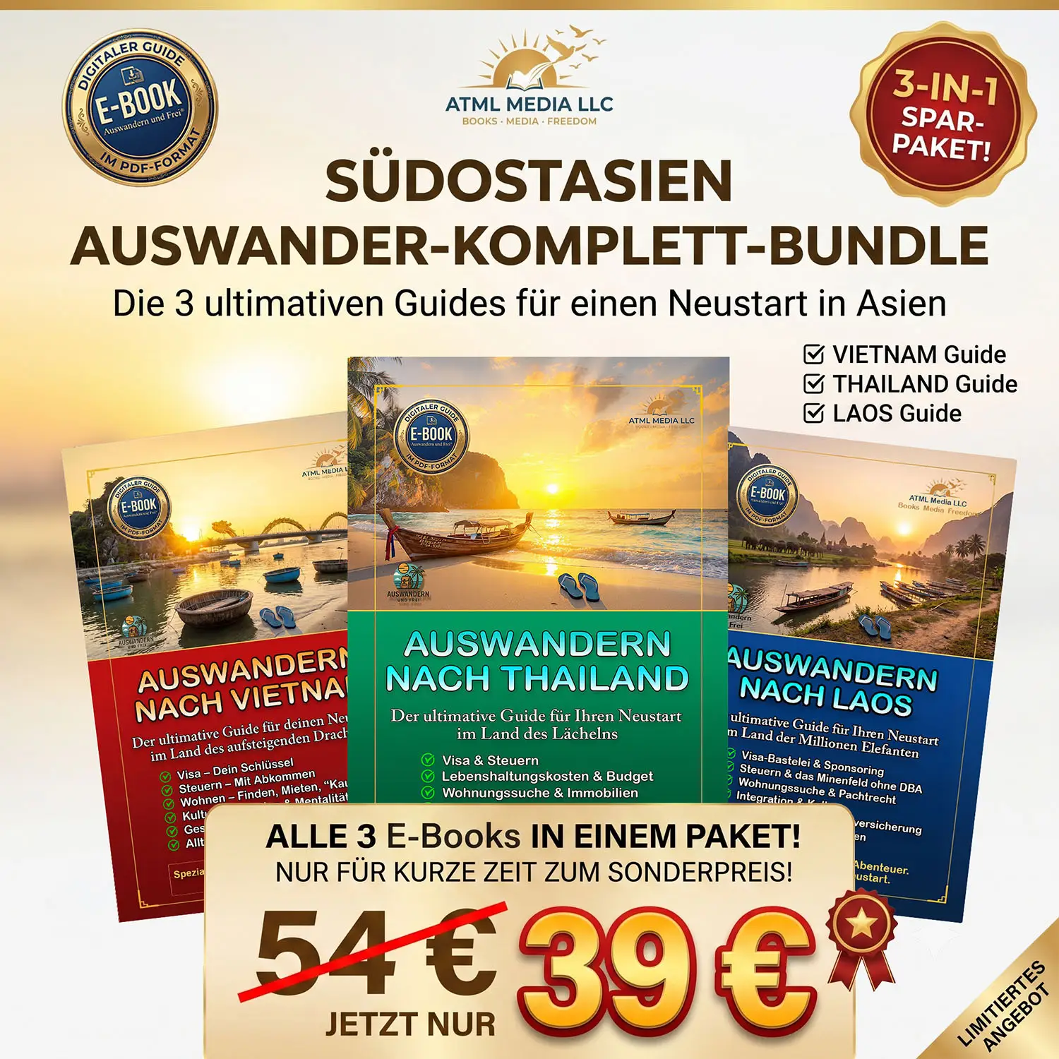 Werbegrafik für das Südostasien Auswander-Komplett-Bundle von Auswandern und Frei. Gezeigt werden die drei PDF-E-Book-Cover der Ratgeber für Thailand, Vietnam und Laos, die als 3-in-1 Sparpaket zum reduzierten Sonderpreis von 39 Euro angeboten werden.