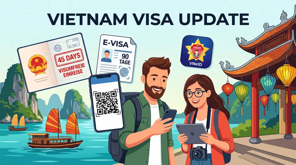 Grafik zum Vietnam Visa-Update, die Reisende mit einem Smartphone und einem QR-Code für die Voranmeldung vor der Ankunft zeigt. Enthält Symbole für 45 Tage Visumfreiheit, das 90-Tage-E-Visum und die vietnamesische VNeID-App.