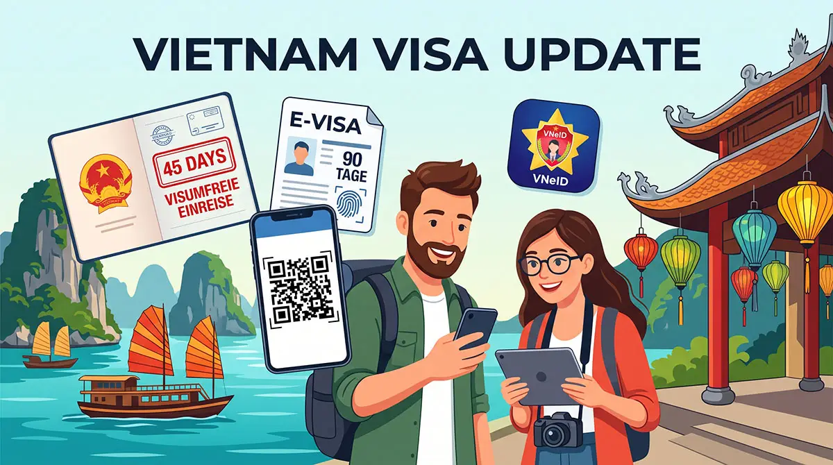 Grafik zum Vietnam Visa-Update, die Reisende mit einem Smartphone und einem QR-Code für die Voranmeldung vor der Ankunft zeigt. Enthält Symbole für 45 Tage Visumfreiheit, das 90-Tage-E-Visum und die vietnamesische VNeID-App.