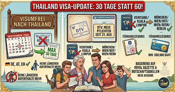 Einreisestempel im Reisepass, Thailand gewährt ab 15. September 2026 nur noch 30 Tage visumfrei