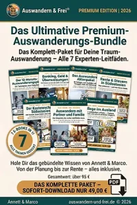 Cover-Bild des ultimativen Premium-Auswanderungs-Bundles von Auswandern & Frei. Das Bild zeigt 7 Experten-Leitfäden als E-Books für die Planung der Auswanderung, inklusive Themen wie Banking, Steuern, Rente, Pflege und Familie in Südostasien.
